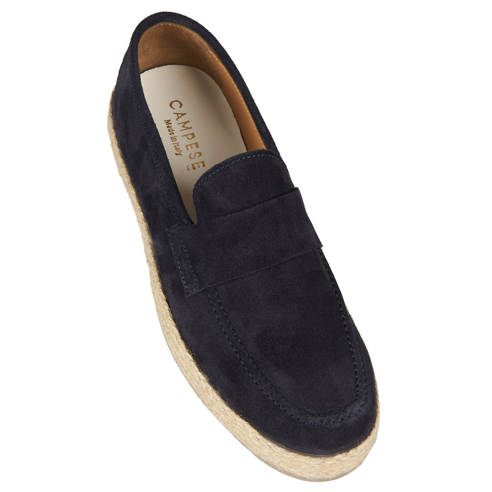 Mocassino artigianale in camoscio fondo corda - blu