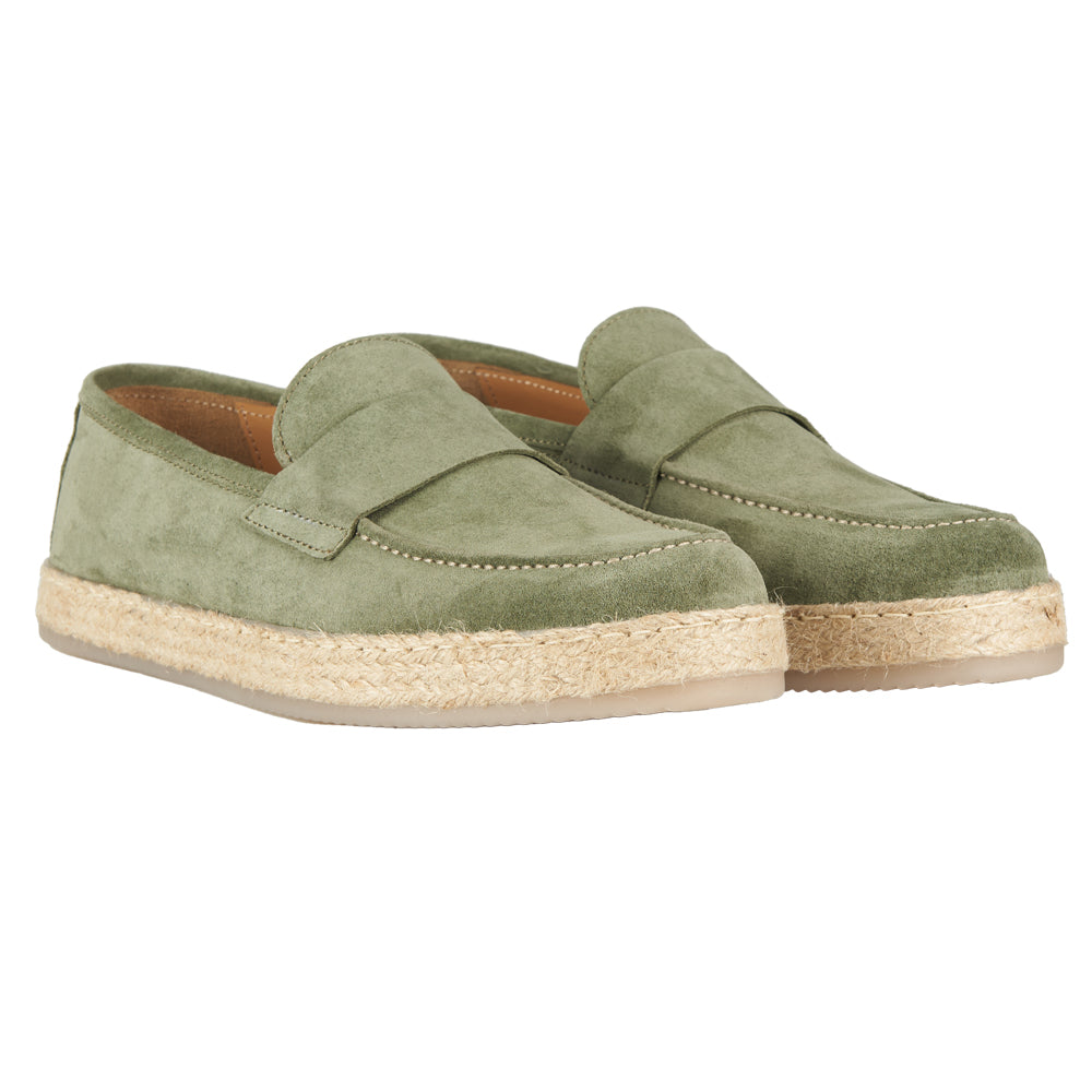 Mocassino artigianale in camoscio fondo corda - verde oliva