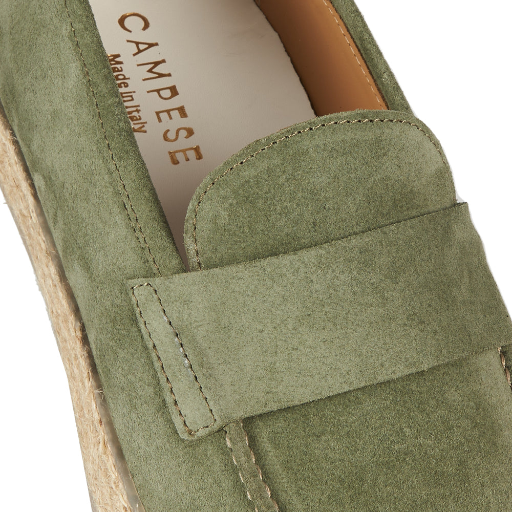 Mocassino artigianale in camoscio fondo corda - verde oliva