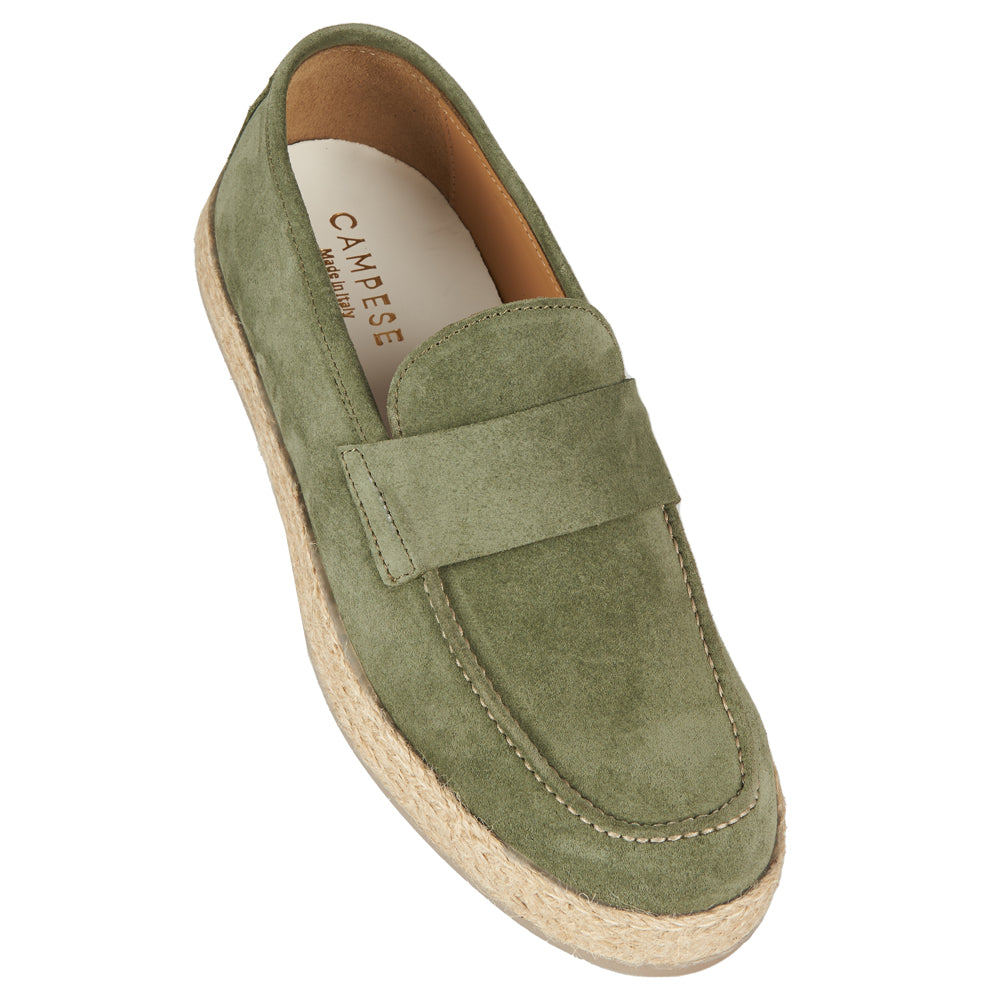 Mocassino artigianale in camoscio fondo corda - verde oliva