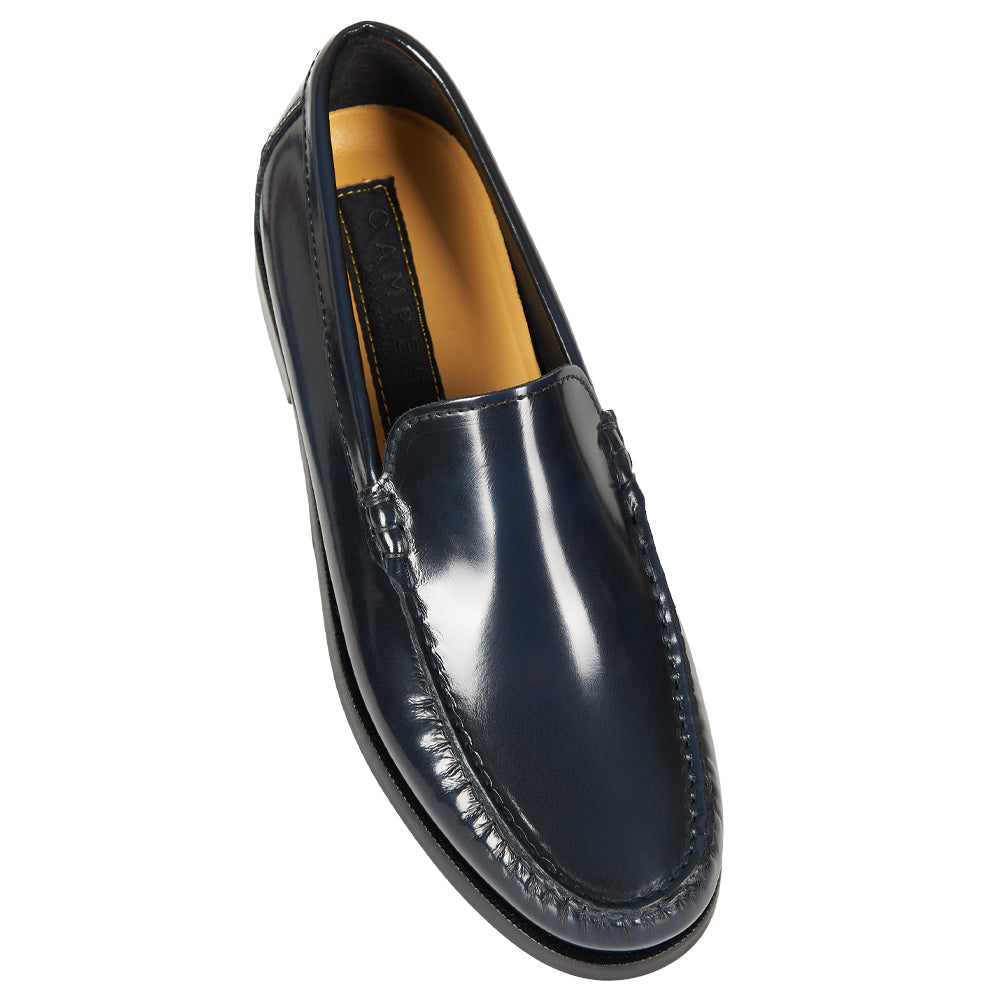 Classic blue moccasin with hand stitching