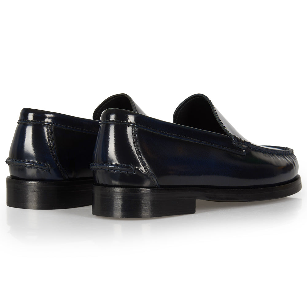 Classic blue moccasin with hand stitching