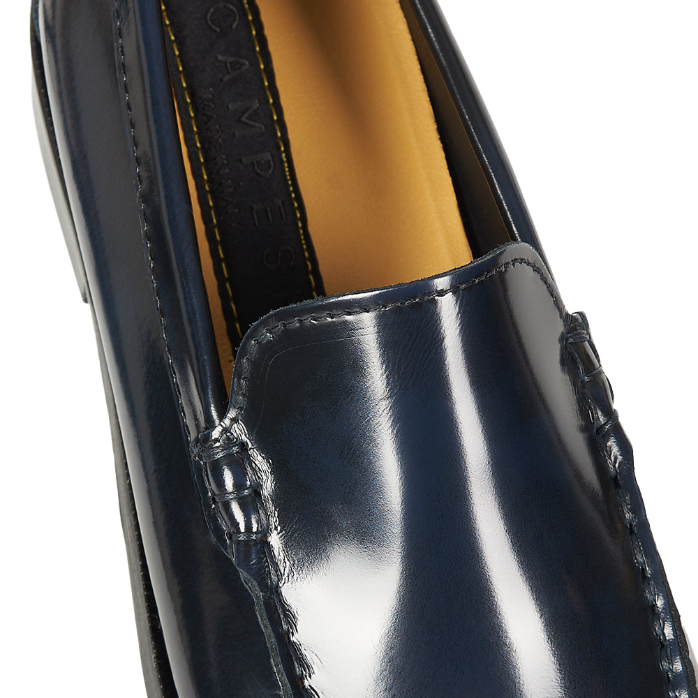 Classic blue moccasin with hand stitching