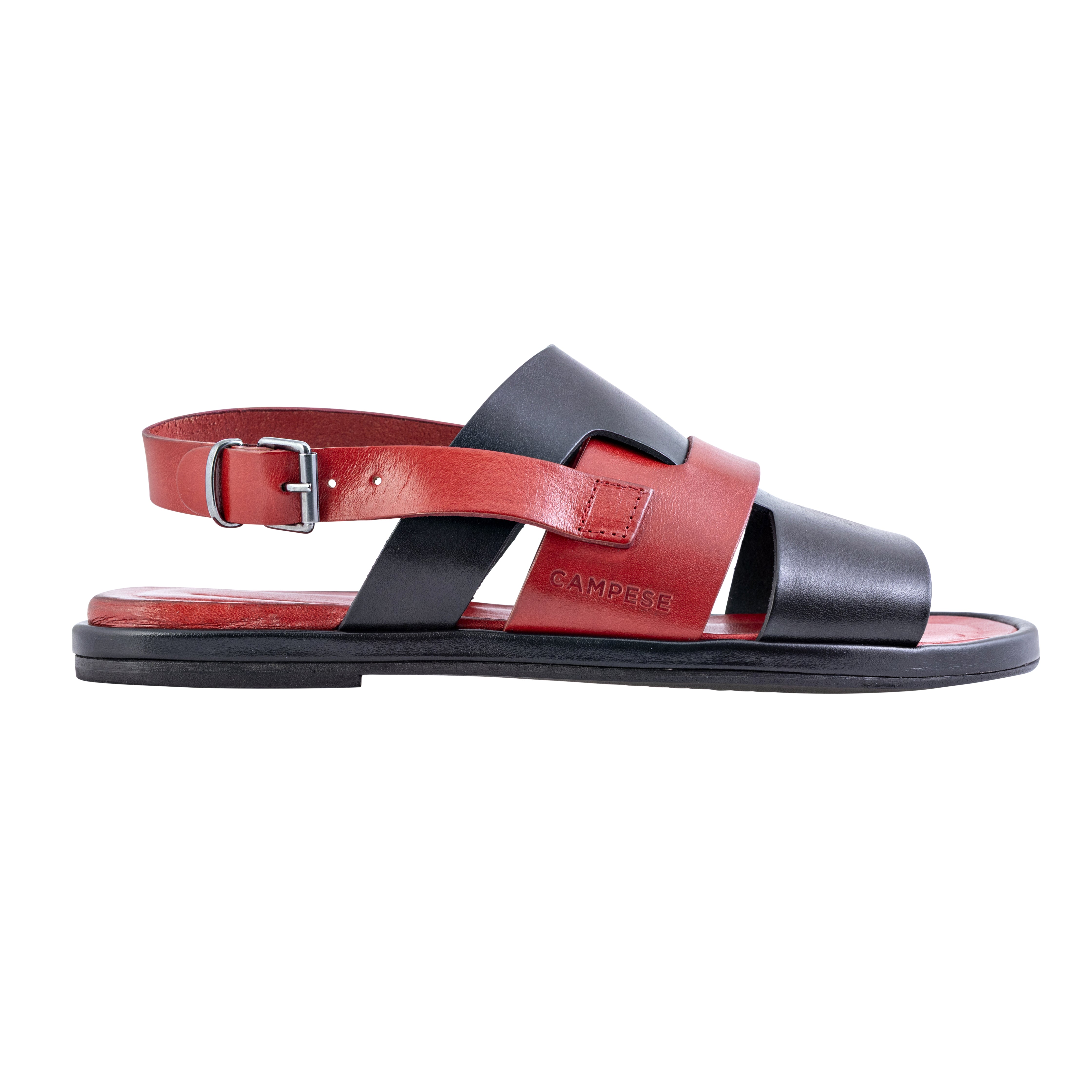 Sandale enveloppée de cuir noir et rouge