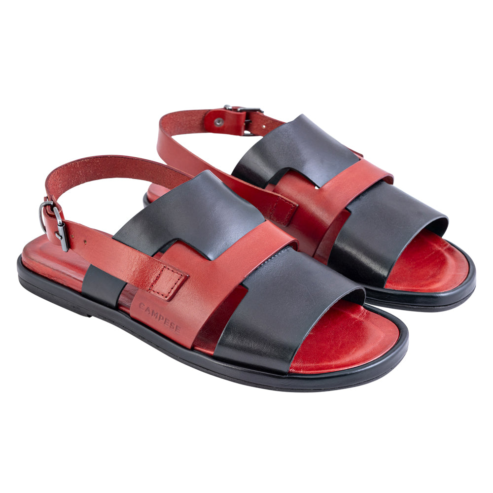 Sandale enveloppée de cuir noir et rouge
