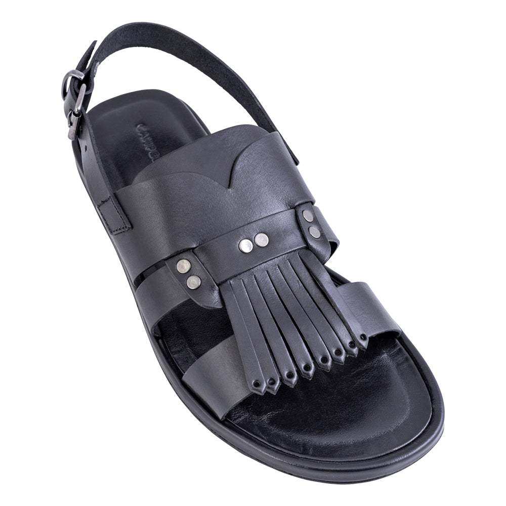 Sandalo con frangia in pelle nera