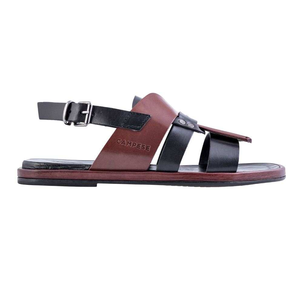 Sandalo con frangia in pelle nera e bordeaux