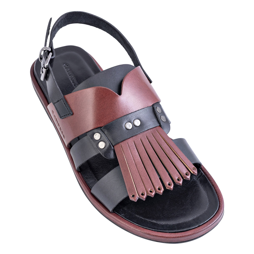 Sandalo con frangia in pelle nera e bordeaux