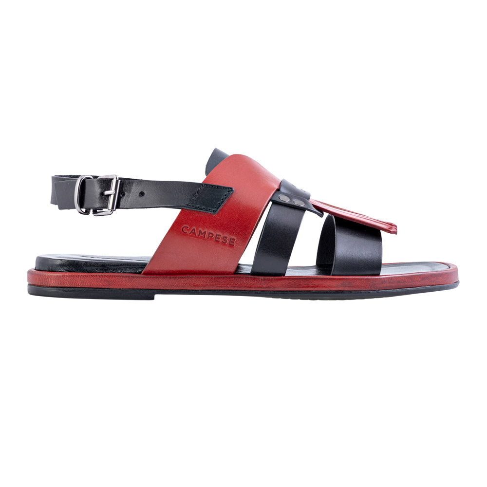 Sandalo con frangia in pelle nero e rosso