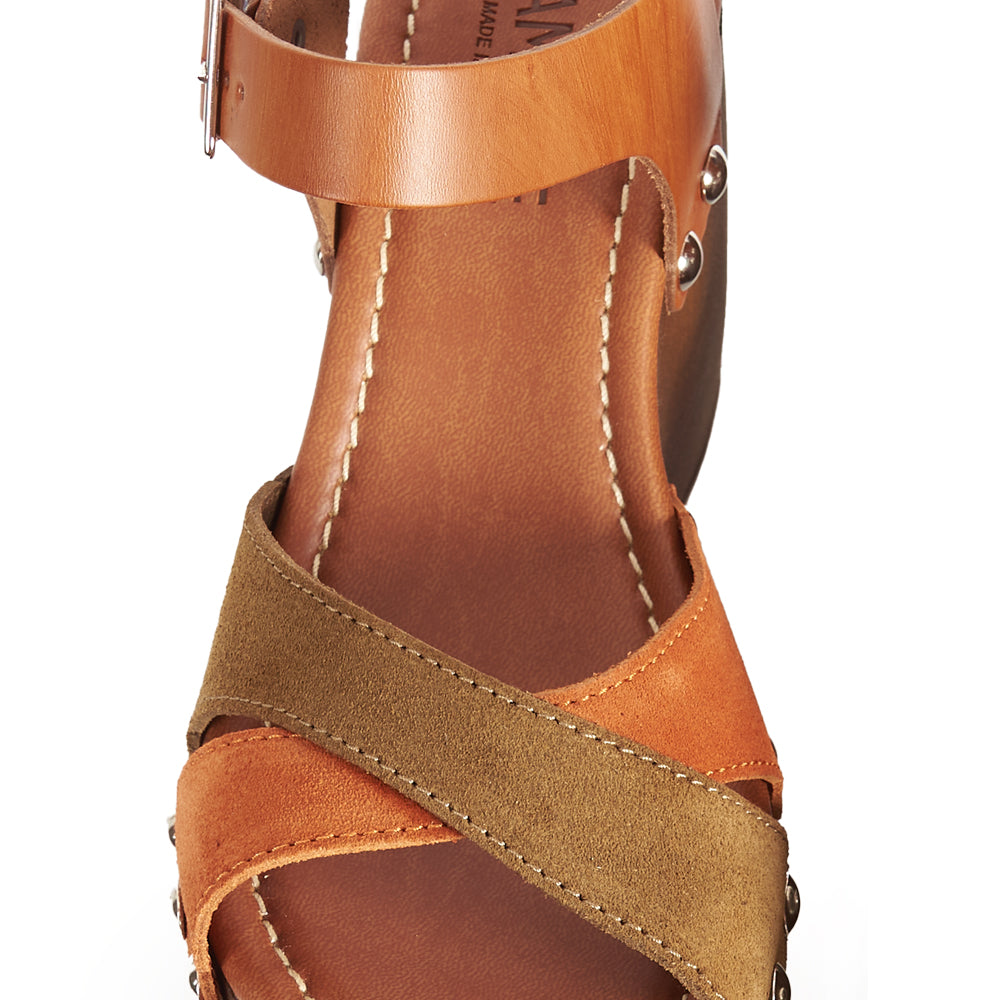 Sandalo Platform effetto legno in Camoscio Antilope e Cognac