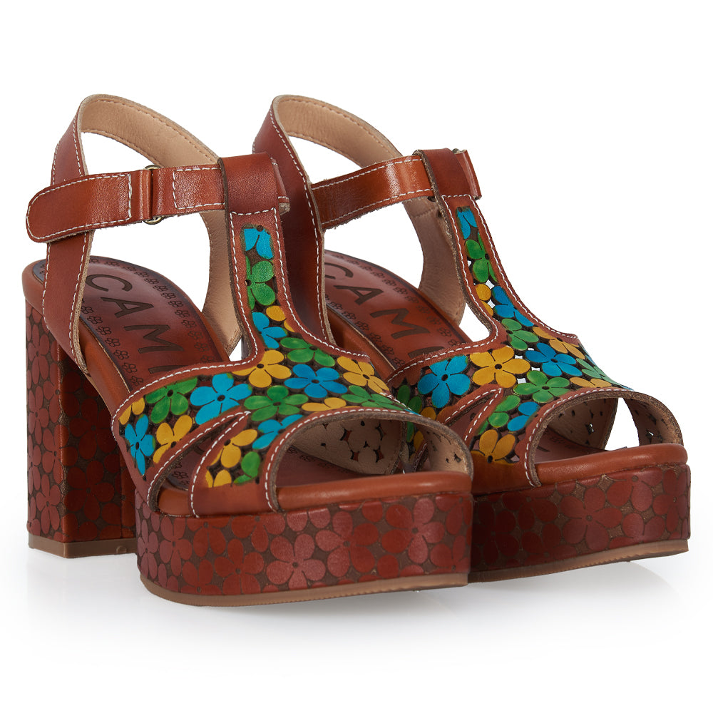 Sandalo T-Strap stile Floreali - cuoio