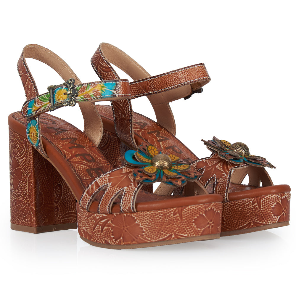 Sandalo t-strap stile floreale - cuoio fiore