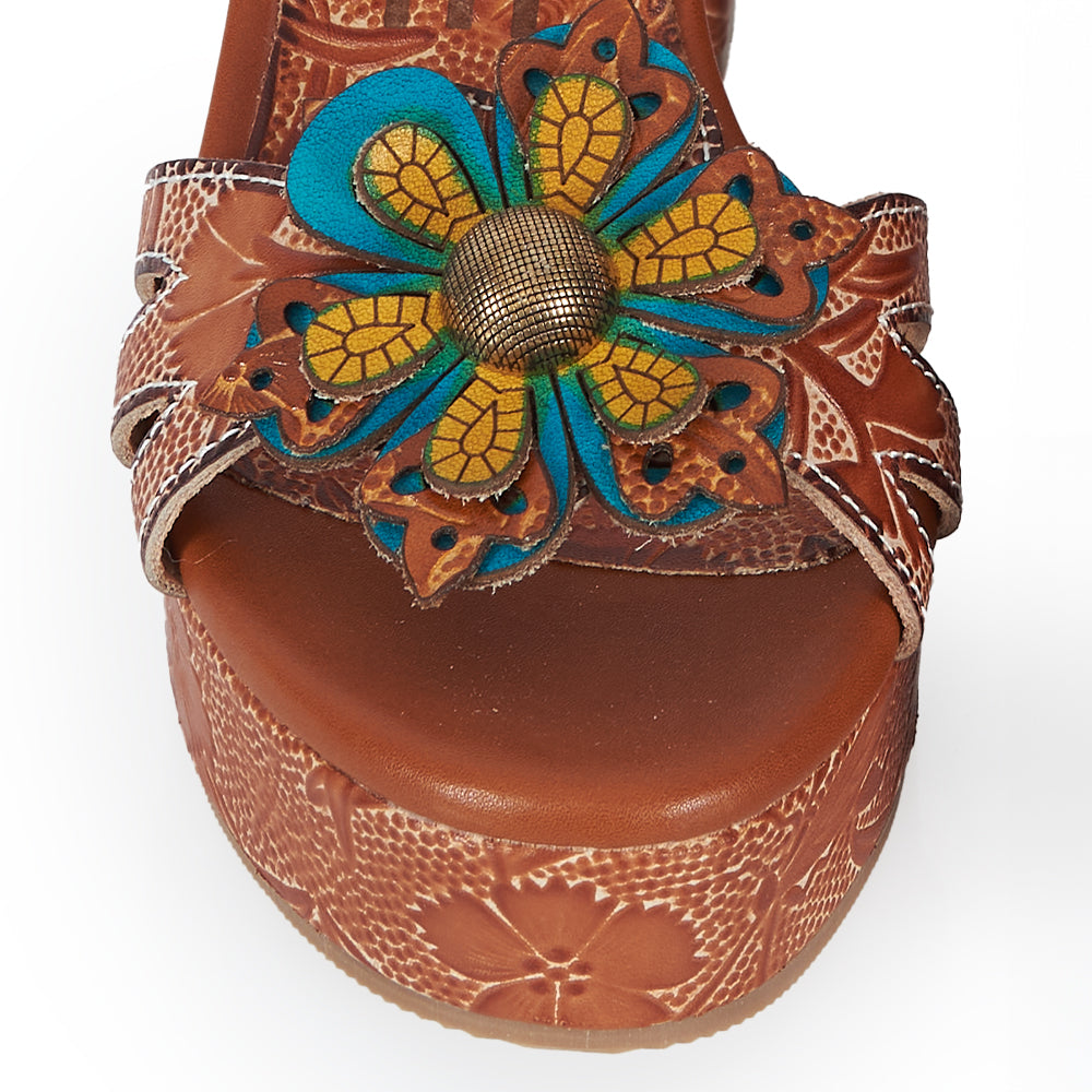 Sandalo t-strap stile floreale - cuoio fiore