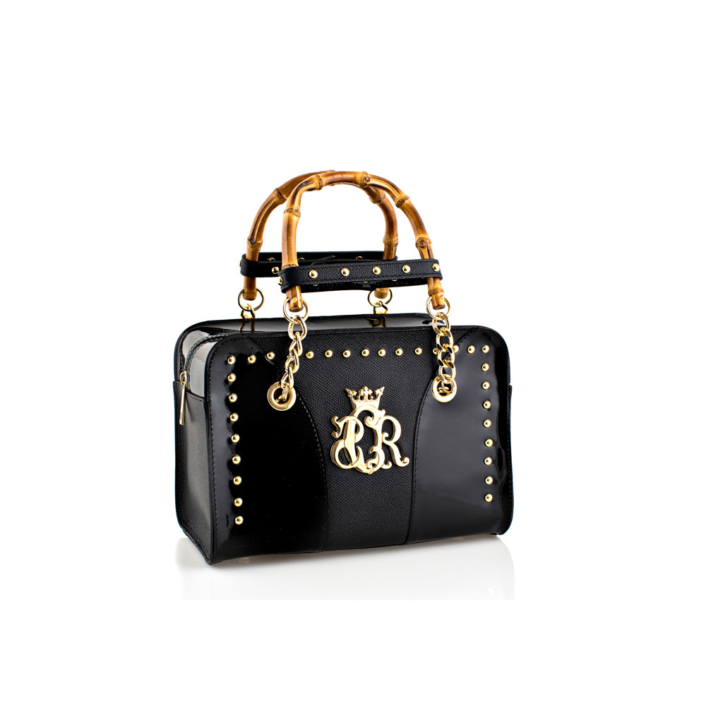Handbag in black leather and bamboo handle