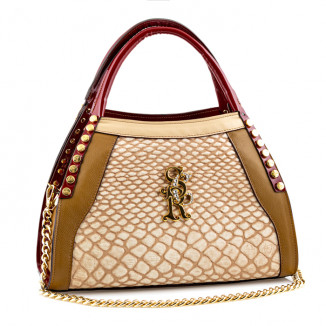 Handbags, smooth brown leather, smooth cream leather, beige python print and red patent leather