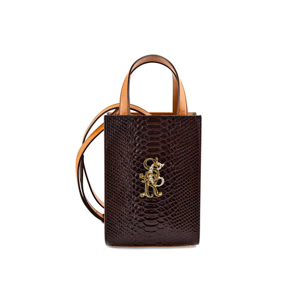 Small handbag with dark brown python print and smooth light brown leather