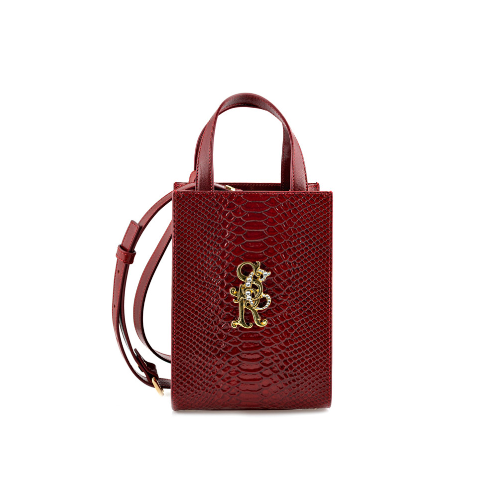 Petit sac à main imprimé python rouge et cuir lisse rouge