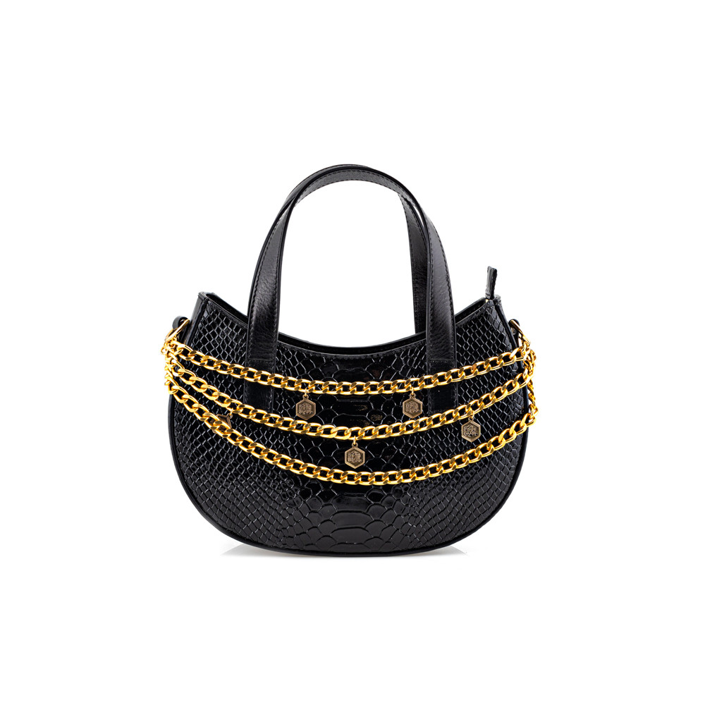 Small handbag with round base and two handles black python print