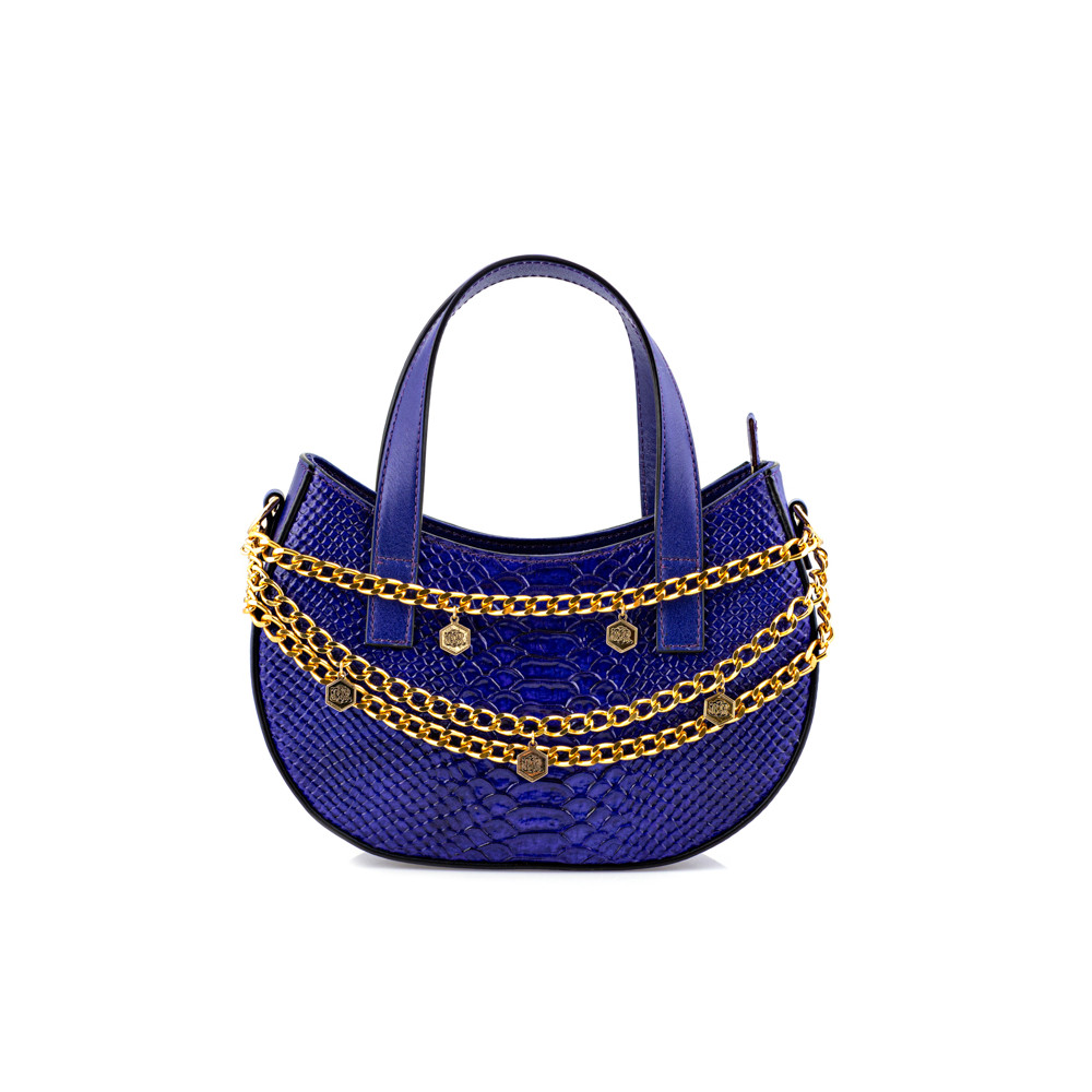 Small handbag with round base and two purple python print handles