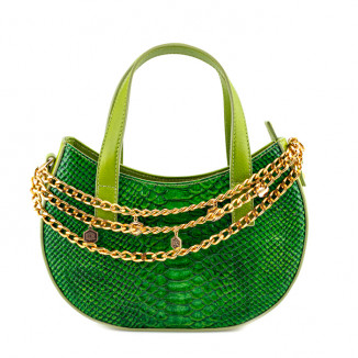 Small handbag with round base and two green python print handles