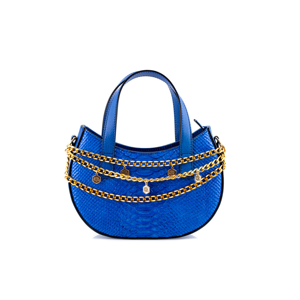 Small handbag with round base and two cobalt blue python print handles
