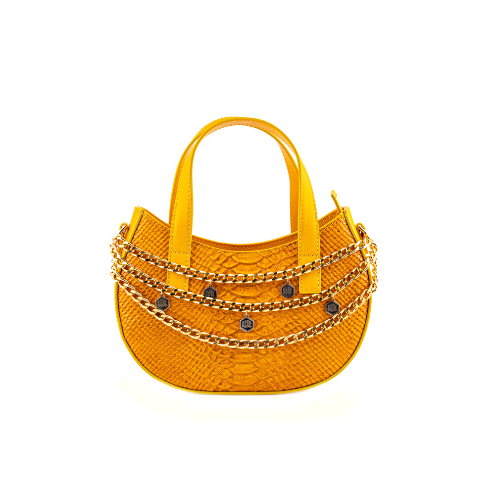 Small handbag with round base and two yellow python print handles
