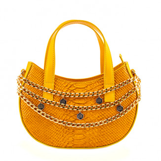 Small handbag with round base and two yellow python print handles