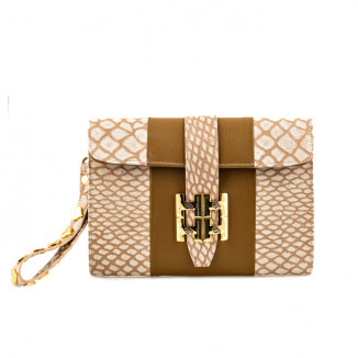 Brown leather clutch bag, with a beige python print