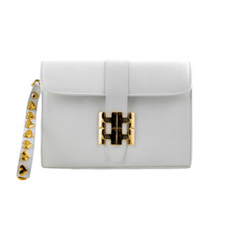 Smooth white leather clutch bag with loop and magnet closure