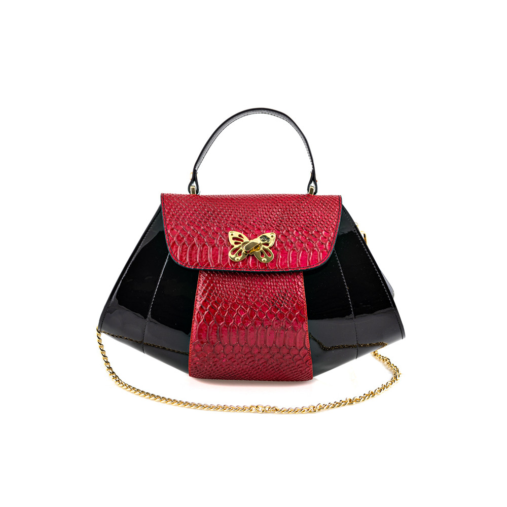Handbag central red python print and black patent leather