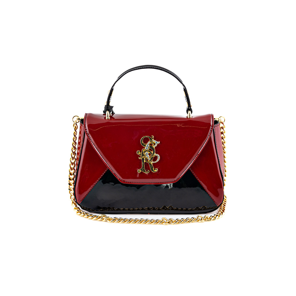 Handbag in red leather and black patent leather
