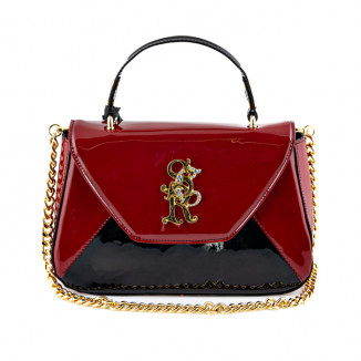 Handbag in red leather and black patent leather