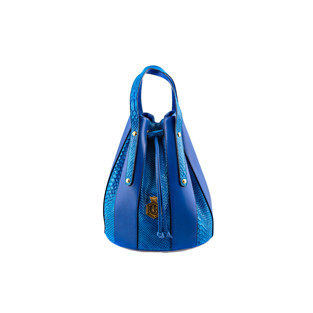 Handbag in smooth cobalt blue leather with python-printed cobalt blue leather