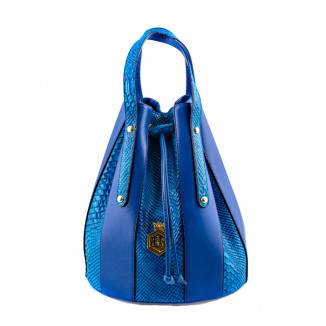 Handbag in smooth cobalt blue leather with python-printed cobalt blue leather