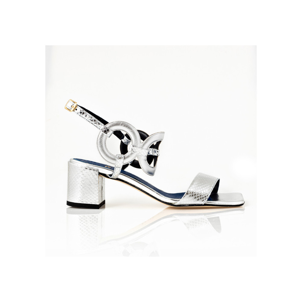 Silver laminated medium heel sandals