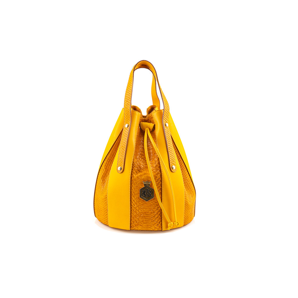 Handbag in smooth yellow and yellow python printed leather