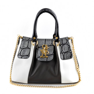 Handbag in white leather with silver crocodile print and the smooth black leather