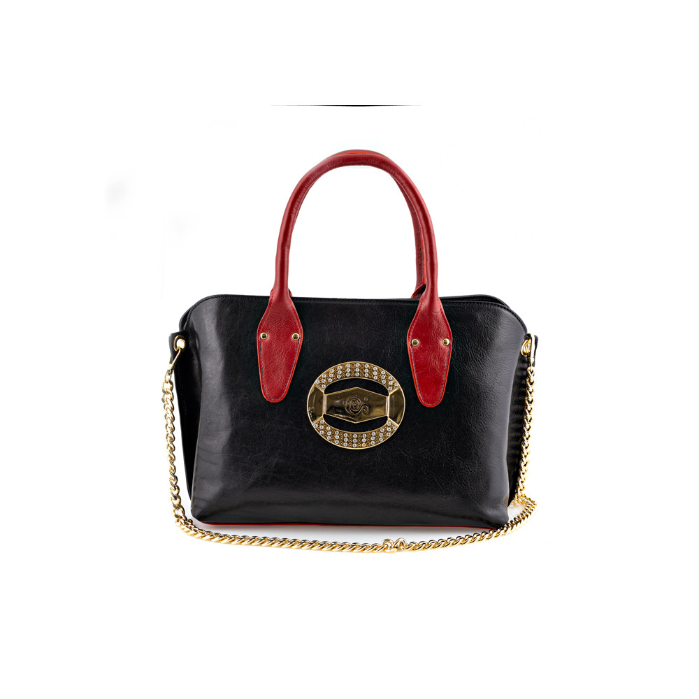 Handbag in black smooth leather with double red smooth leather