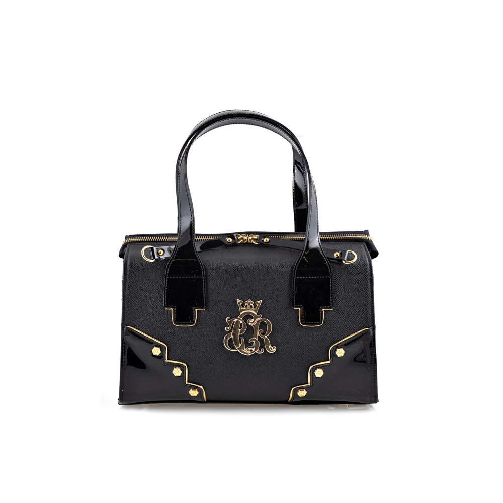 Handbag in black patent leather inserts and gold details