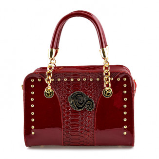 Handbag in red patent leather and tone-on-tone python print