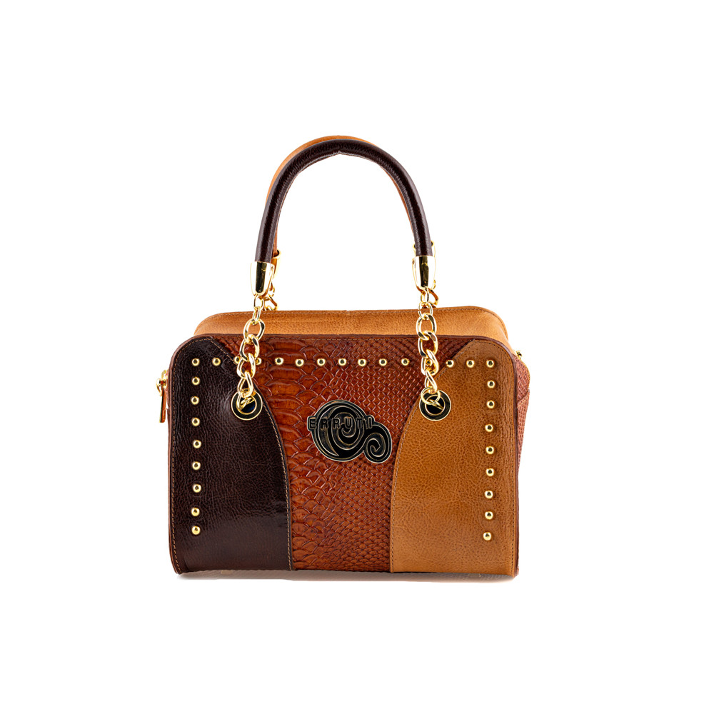 Handbag in dark brown, light brown and python print leather