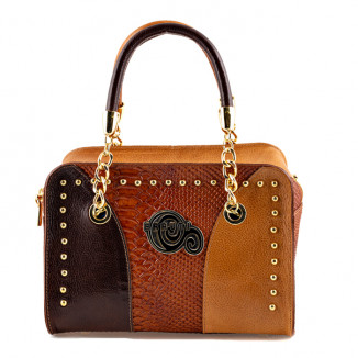 Handbag in dark brown, light brown and python print leather