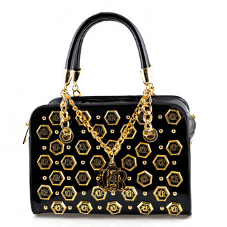 Handbag in patent black with double leather handle