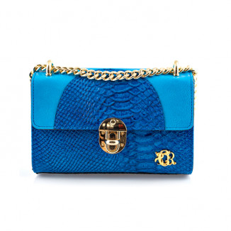 Pochette in  smooth cobalt blue leather and python print