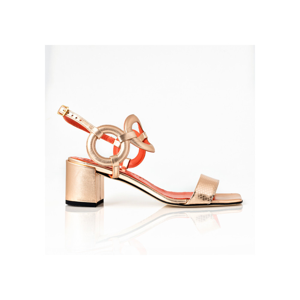 Copper-colored laminated leather sandals