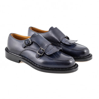 Smooth dark blue leather shoe with double silver buckle
