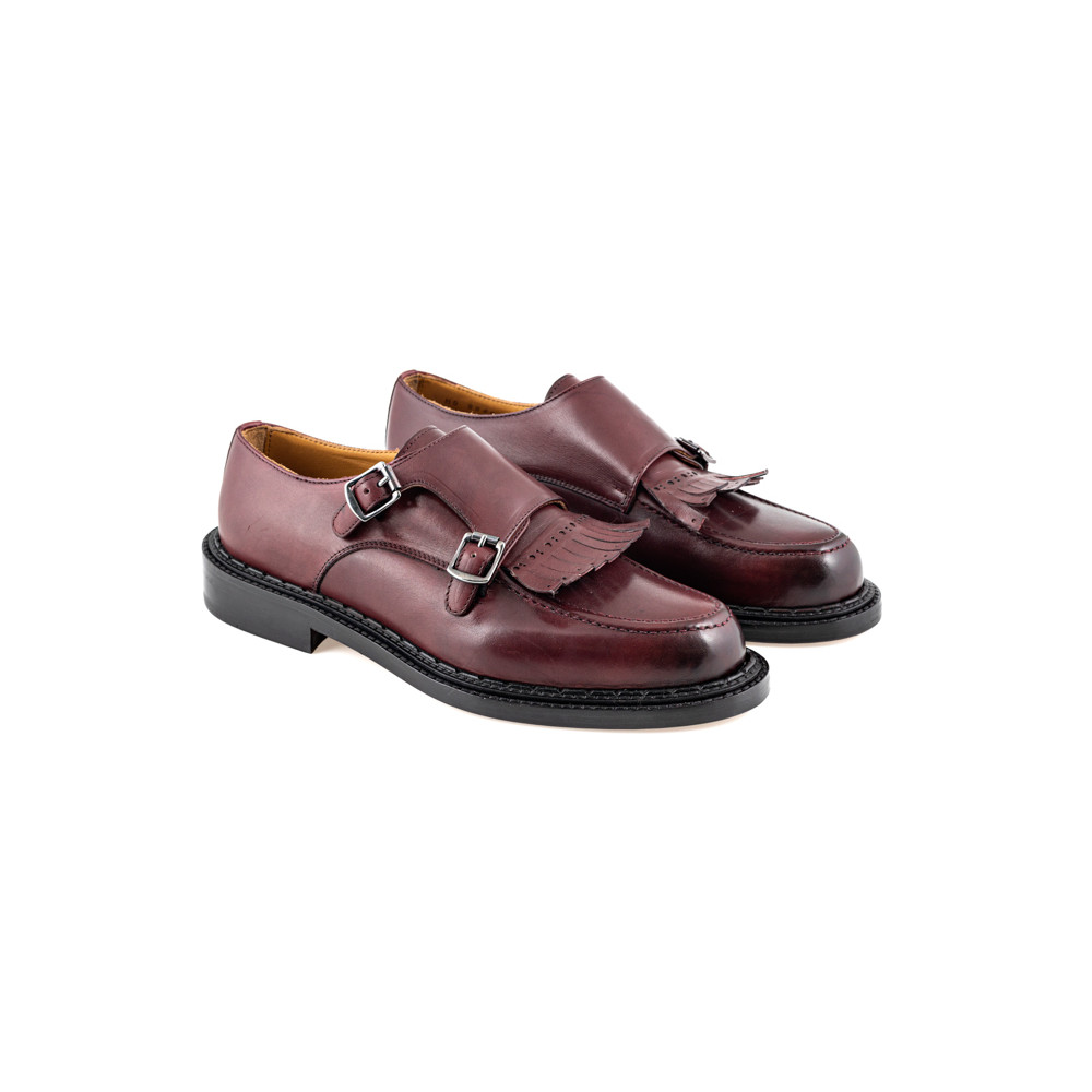 Double monk strap shoes in smooth burgundy leathe