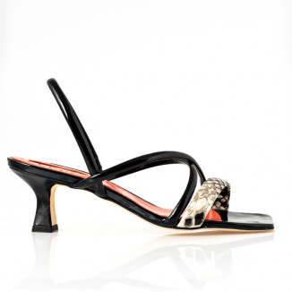 Sandals in black leather and python print white/black