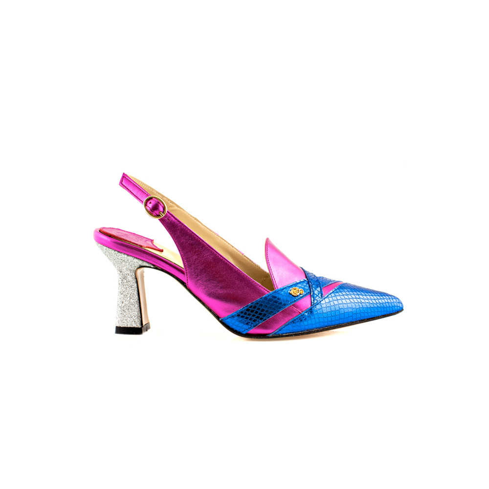Pink/blue leather mules