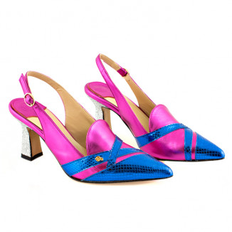 Pink/blue leather mules